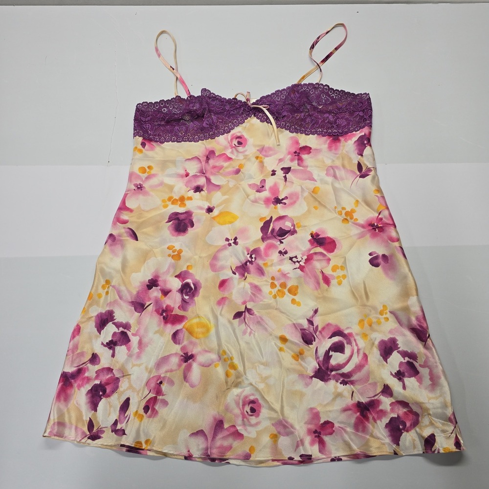 Vintage Morgan Taylor Intimates Floral Lace‎ Trim Satin Chemise Nightgown Small